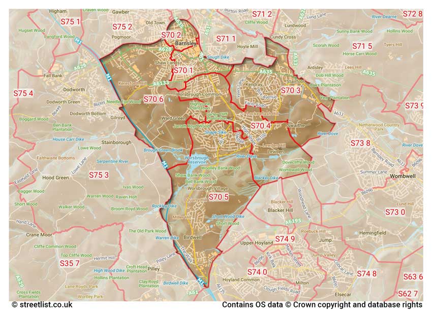 map showing postcode sectors within the S70 district