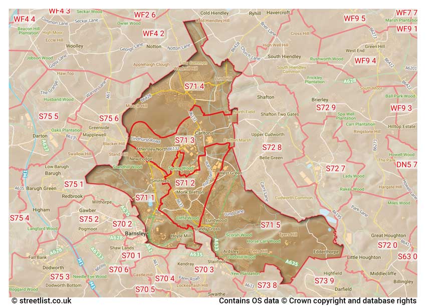 map showing postcode sectors within the S71 district