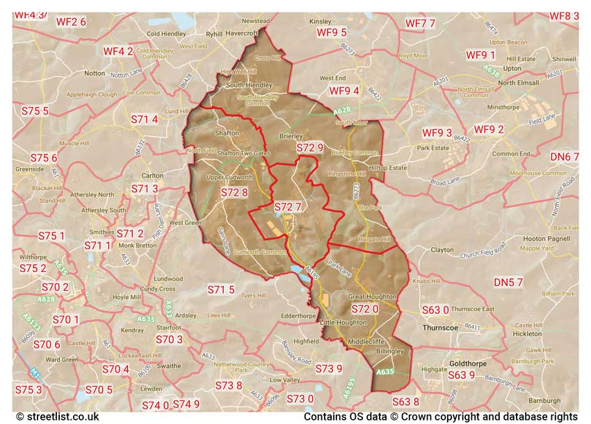 map showing postcode sectors within the S72 district