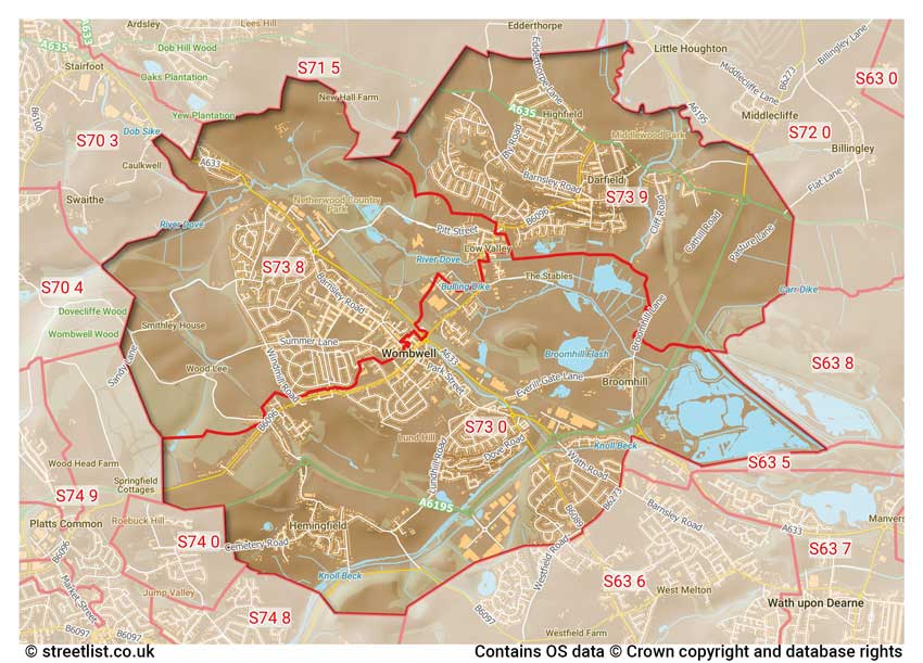 map showing postcode sectors within the S73 district