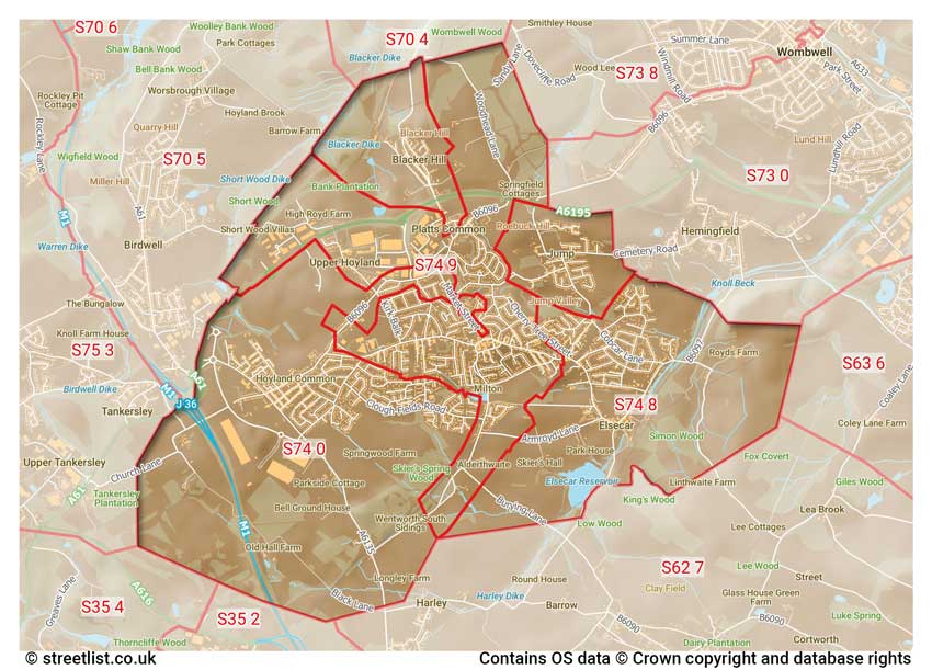 map showing postcode sectors within the S74 district