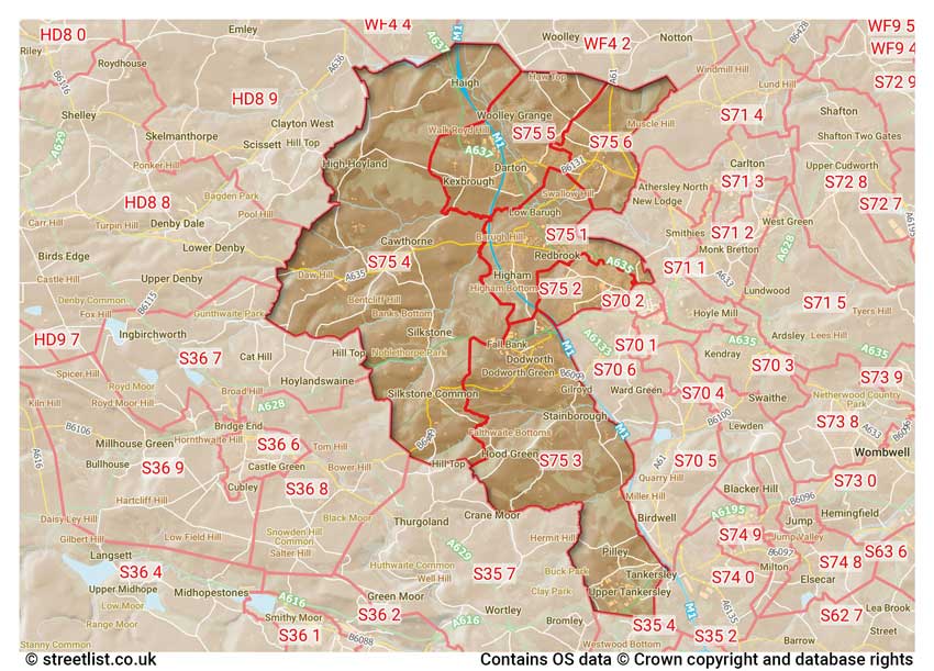 map showing postcode sectors within the S75 district