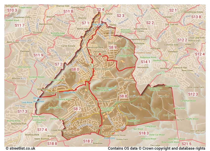 map showing postcode sectors within the S8 district