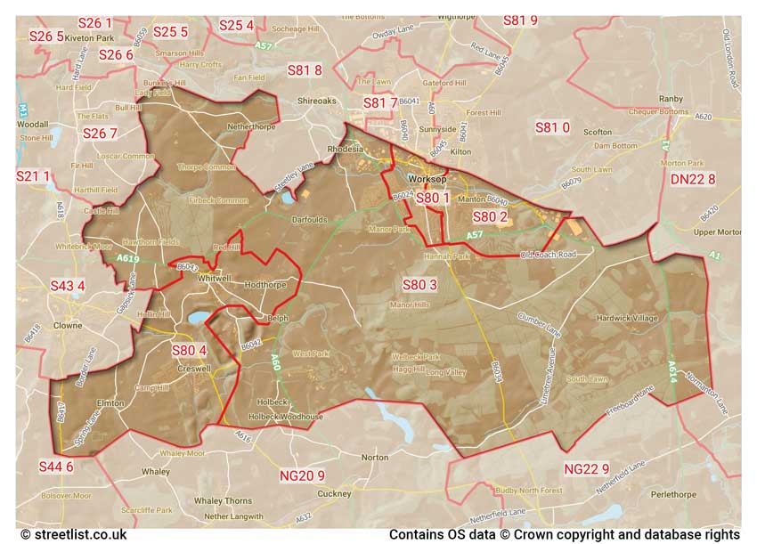 map showing postcode sectors within the S80 district