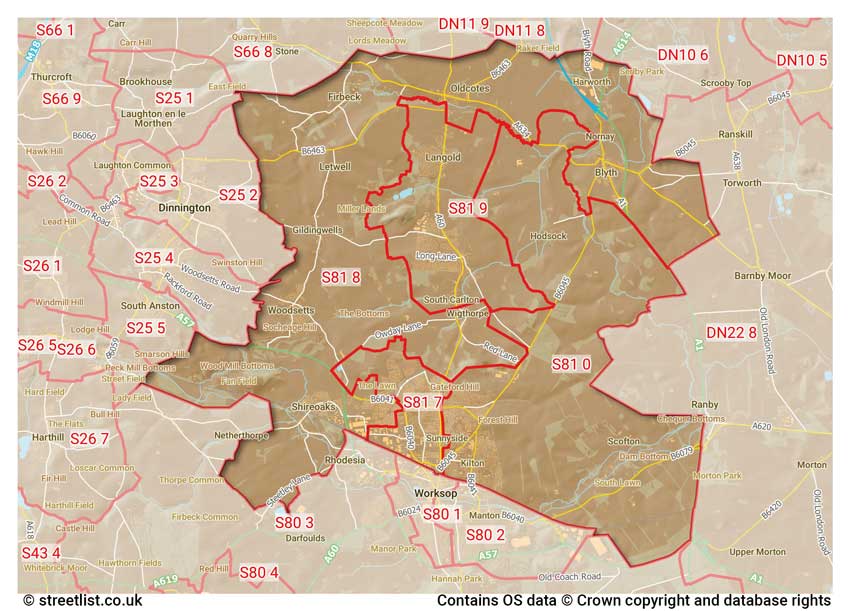 map showing postcode sectors within the S81 district