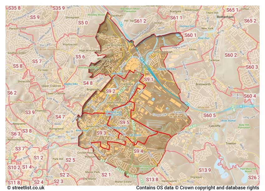 map showing postcode sectors within the S9 district