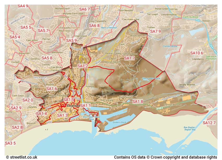 map showing postcode sectors within the SA1 district