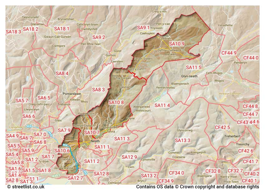 map showing postcode sectors within the SA10 district