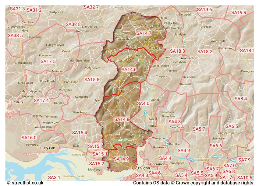 map showing postcode sectors within the SA14 district