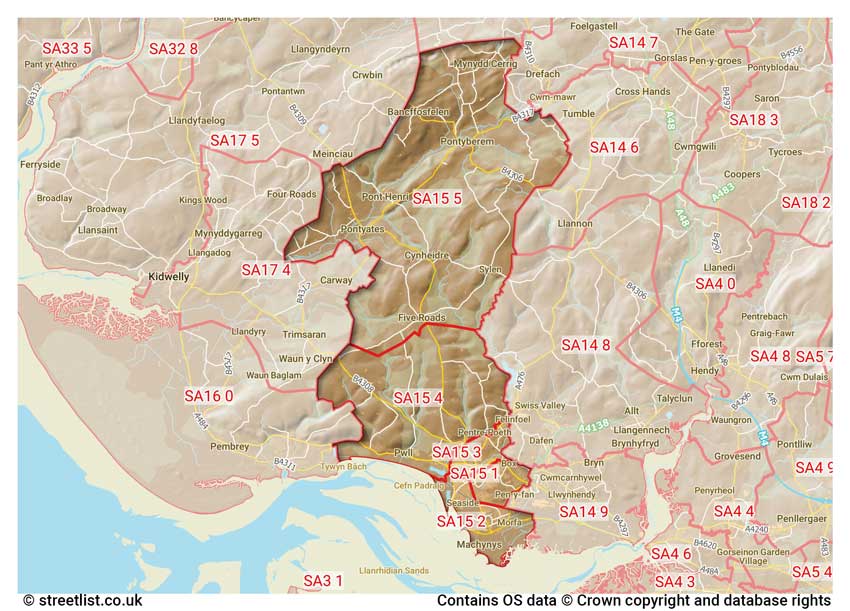 map showing postcode sectors within the SA15 district