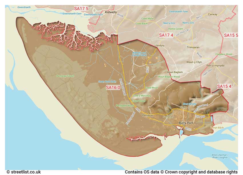 map showing postcode sectors within the SA16 district