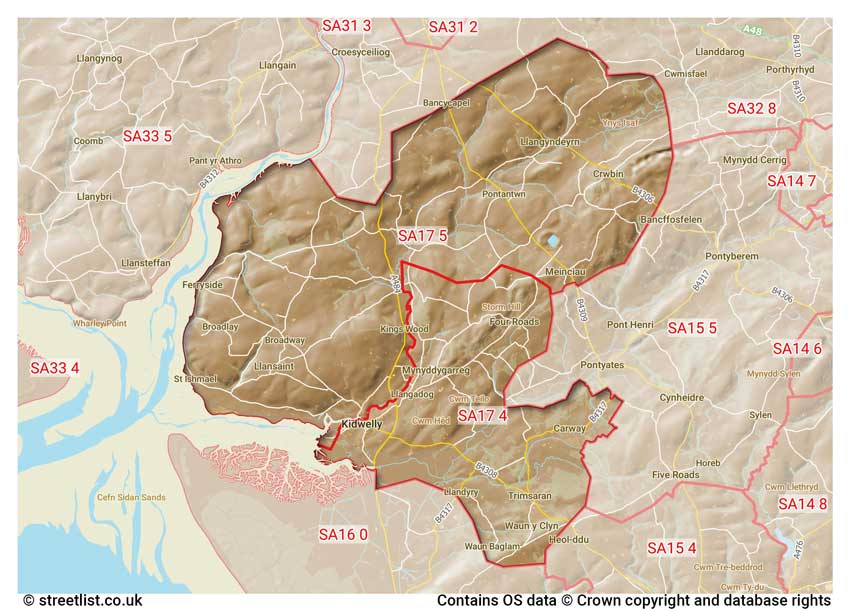 map showing postcode sectors within the SA17 district