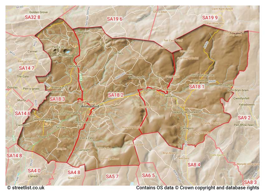 map showing postcode sectors within the SA18 district