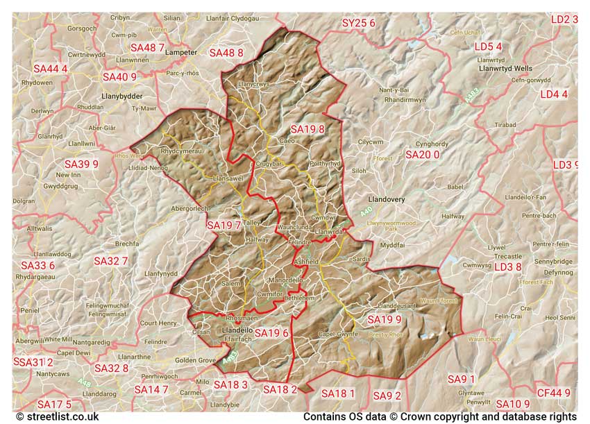 map showing postcode sectors within the SA19 district