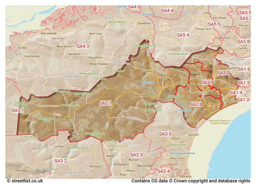 map showing postcode sectors within the SA2 district