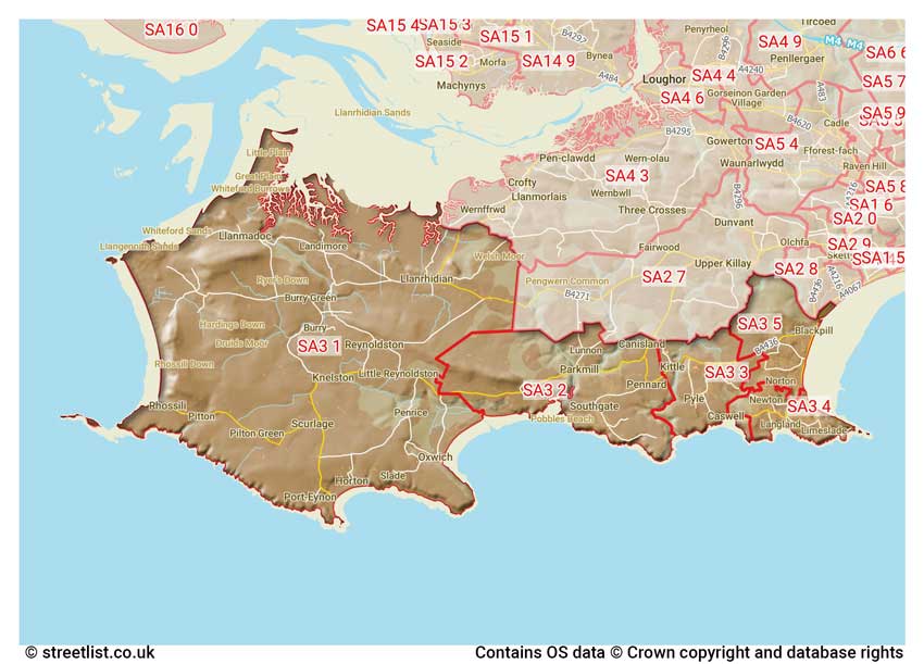 map showing postcode sectors within the SA3 district