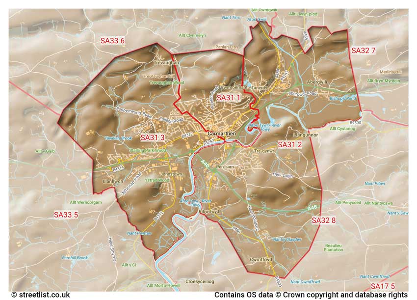 map showing postcode sectors within the SA31 district