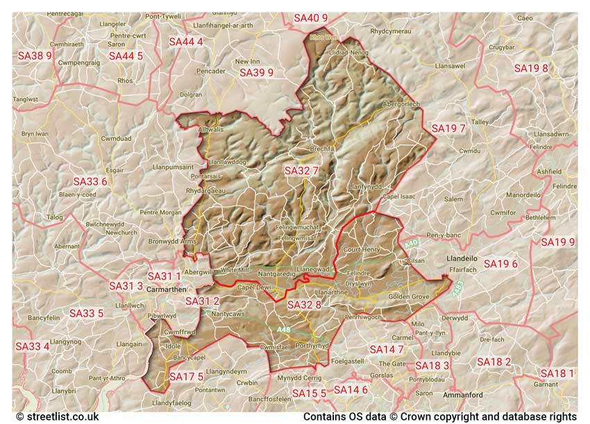 map showing postcode sectors within the SA32 district