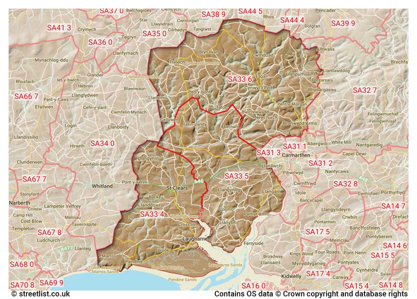 map showing postcode sectors within the SA33 district