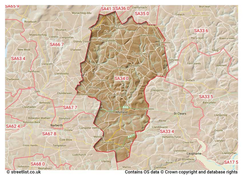 map showing postcode sectors within the SA34 district