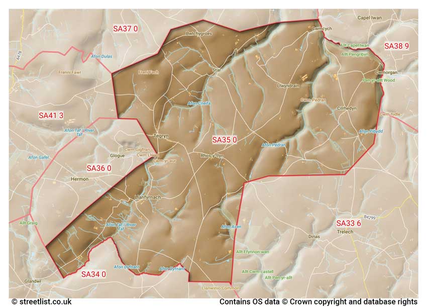 map showing postcode sectors within the SA35 district