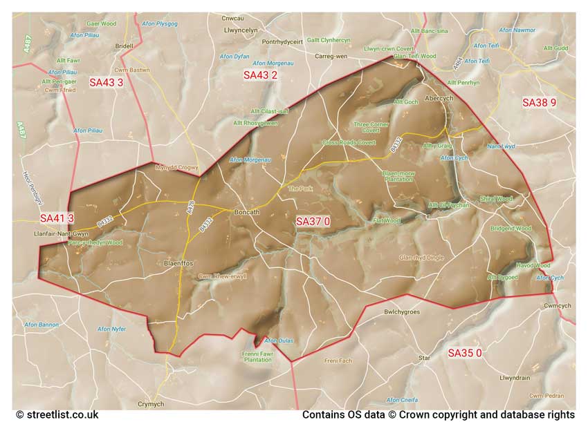 map showing postcode sectors within the SA37 district