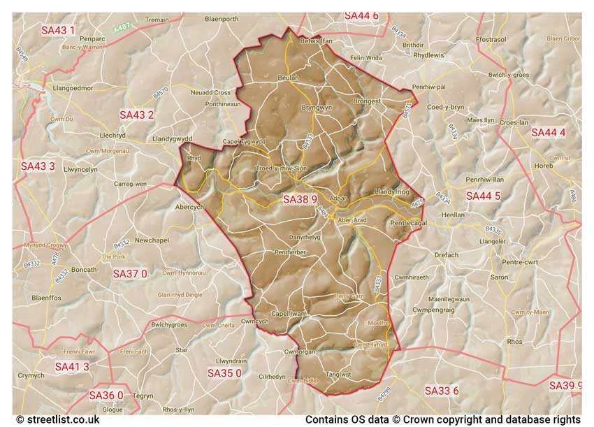 map showing postcode sectors within the SA38 district