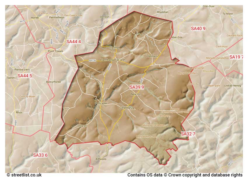 map showing postcode sectors within the SA39 district