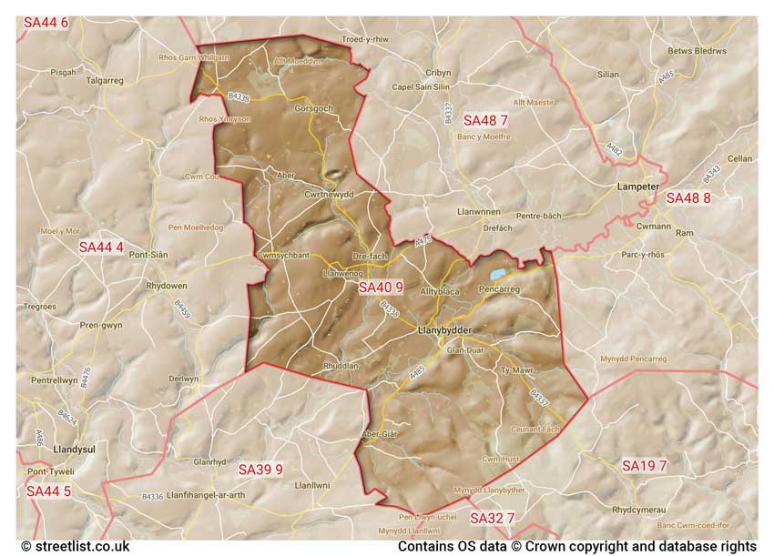 map showing postcode sectors within the SA40 district