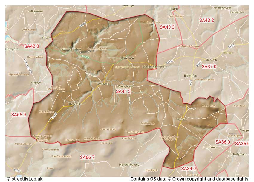 map showing postcode sectors within the SA41 district