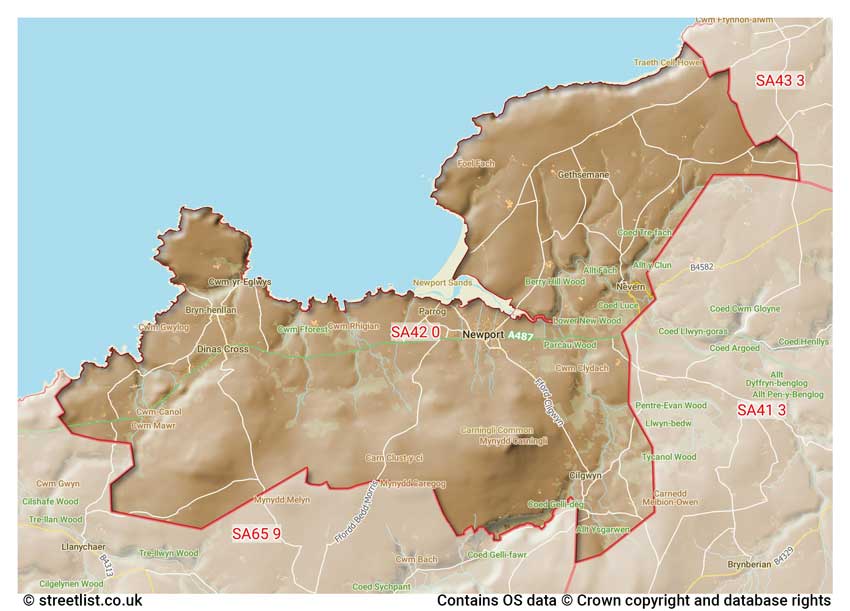 map showing postcode sectors within the SA42 district