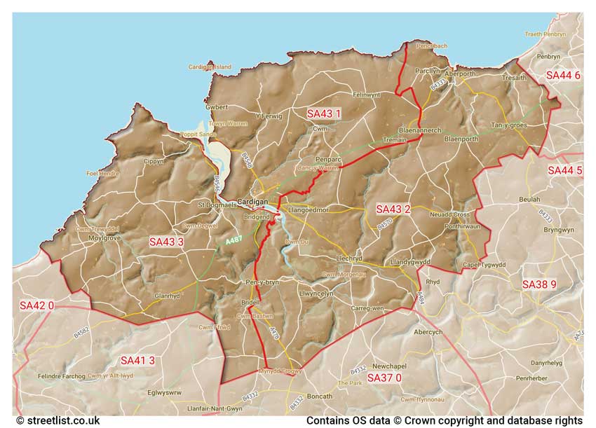 map showing postcode sectors within the SA43 district