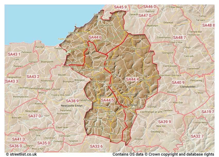 map showing postcode sectors within the SA44 district