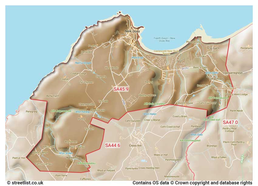 map showing postcode sectors within the SA45 district