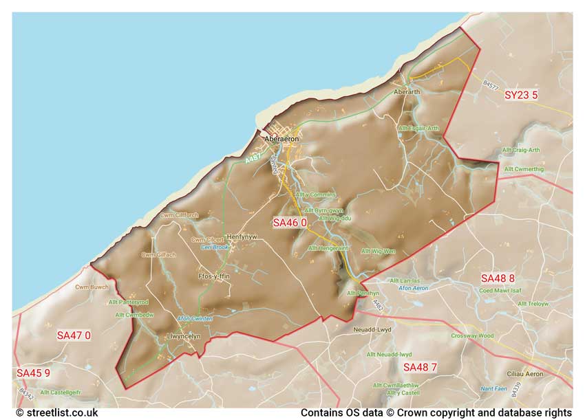 map showing postcode sectors within the SA46 district