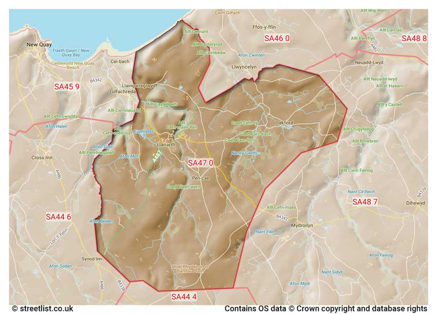 map showing postcode sectors within the SA47 district