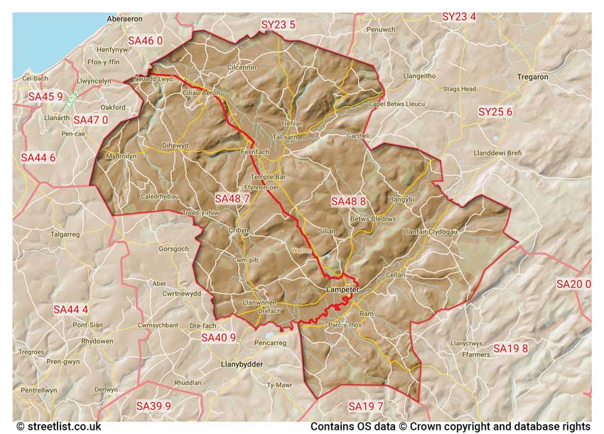 map showing postcode sectors within the SA48 district