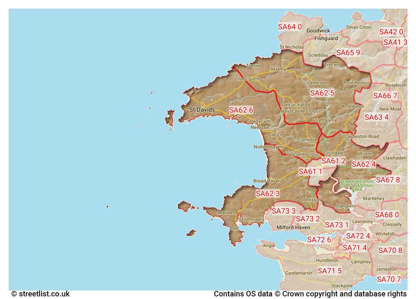 map showing postcode sectors within the SA62 district