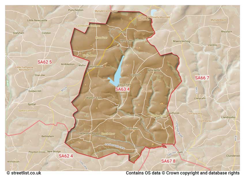 map showing postcode sectors within the SA63 district