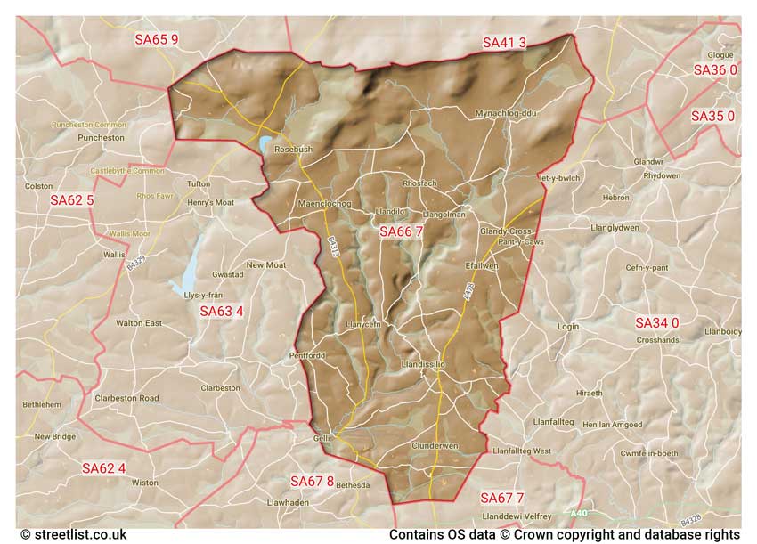 map showing postcode sectors within the SA66 district