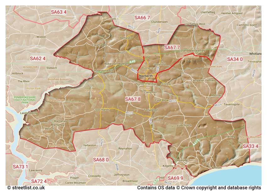 map showing postcode sectors within the SA67 district