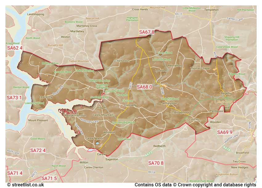 map showing postcode sectors within the SA68 district