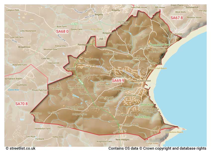 map showing postcode sectors within the SA69 district