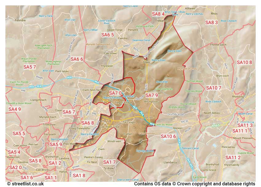 map showing postcode sectors within the SA7 district