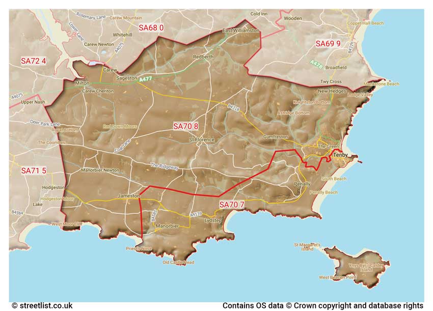 map showing postcode sectors within the SA70 district