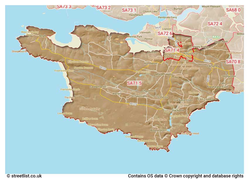 map showing postcode sectors within the SA71 district