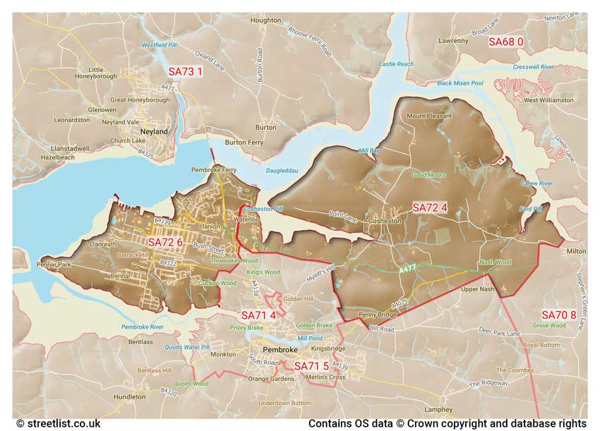 map showing postcode sectors within the SA72 district