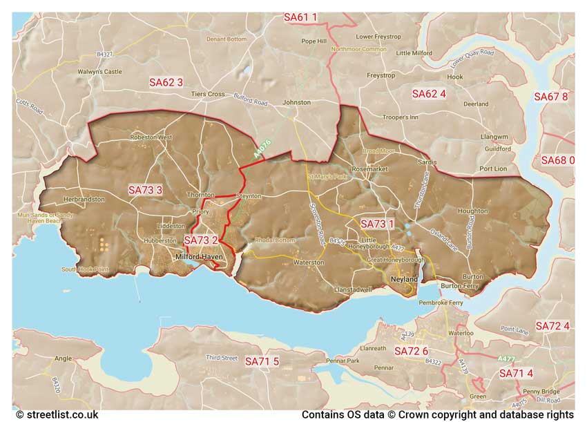 map showing postcode sectors within the SA73 district