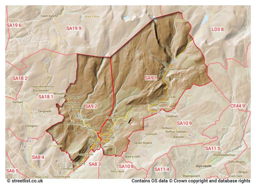 map showing postcode sectors within the SA9 district