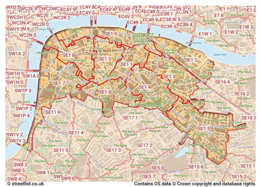 map showing postcode sectors within the SE1 district